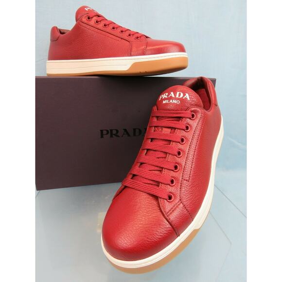 NIB PRADA 4E3507 RED TEXTURED LEATHER LACE UP LOGO LOW TOP SNEAKERS 7 US 8 - Picture 4 of 12